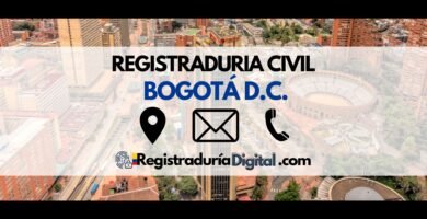 Vista aérea de Bogotá D.C. con información de contacto de la Registraduría Civil.