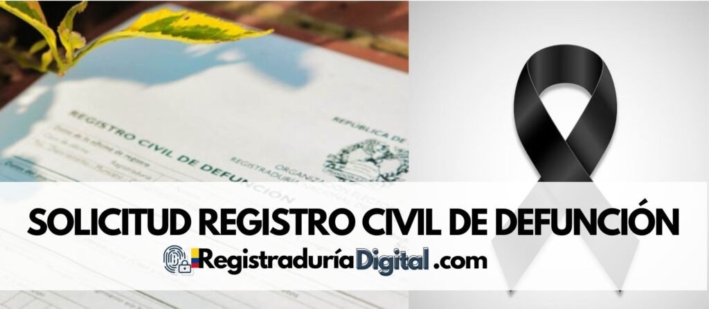 Solicitud de registro civil de defunción con formulario y cinta negra, símbolo de luto.