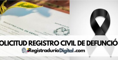 Solicitud de registro civil de defunción con formulario y cinta negra, símbolo de luto.