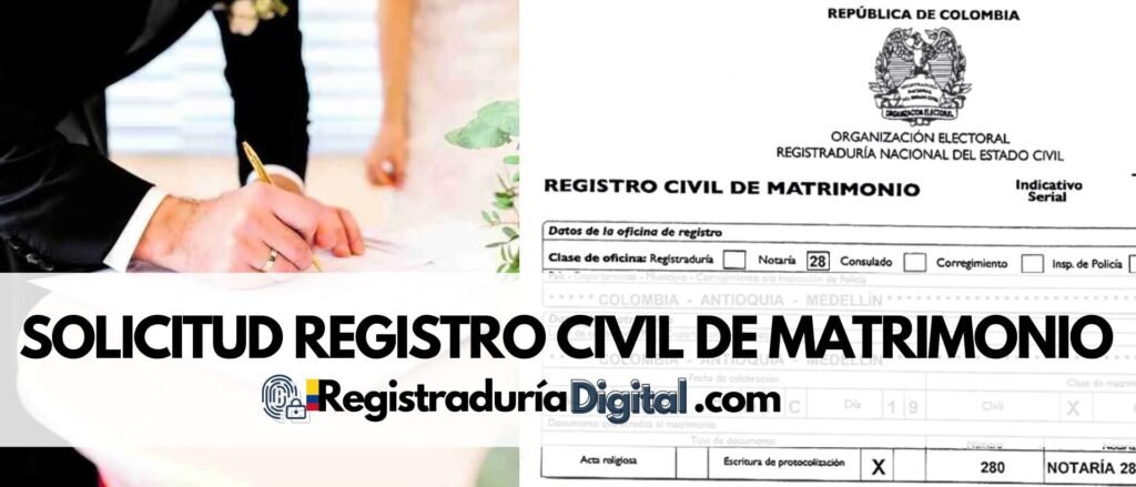 Solicitud de registro civil de matrimonio con pareja firmando el documento y formulario de registro.