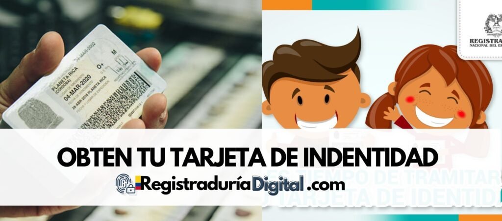 Obtén tu tarjeta de identidad con ejemplos de tarjetas y una ilustración de niños sonrientes.