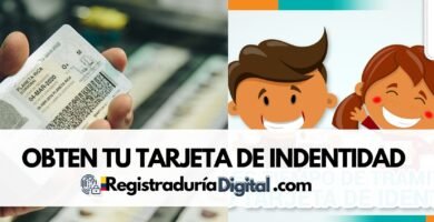 Obtén tu tarjeta de identidad con ejemplos de tarjetas y una ilustración de niños sonrientes.